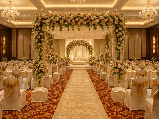 Concept illustration of a banquet hall set for a wedding, with a floral mandap and rows of dressed chairs