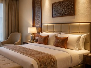 Concept illustration of a bedroom with a king bed, carved headboard panel and table lamps