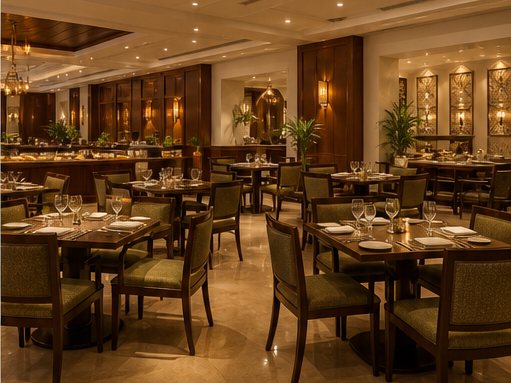 Concept illustration of a restaurant with wooden tables, upholstered chairs and warm lighting