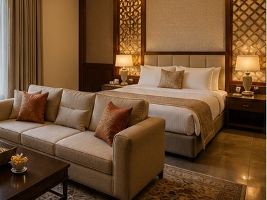 Concept illustration of a room with a sofa and coffee table in front of a king bed